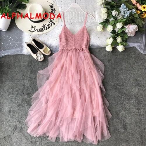 ALPHALMODA 2019 Sexy Suspender Brassiere Mesh Dress Summer Knitted Stitching Playful Ruffled Gauze Patchwork Mid-calf Vestidos