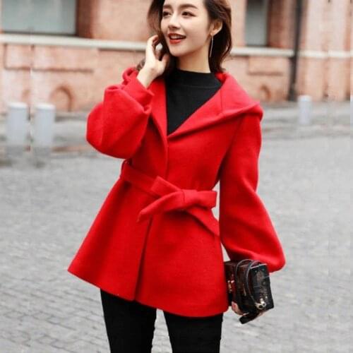 Women Woolen Coat New Autumn Winter Korean Version Short Hooded Jacket Long Sleeve Loose Fashion Red Lace Up Top Outwear Female