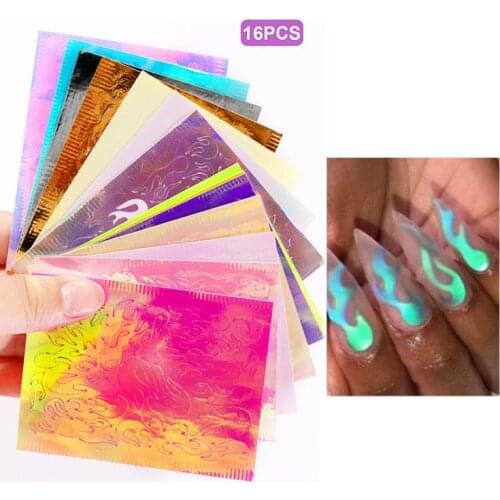 16pcs/set new Fire Nail Holographic Strip Tape Nail Art Stickers Thin Laser Silver Stripe Sticker DIY Foil Decal Sticker