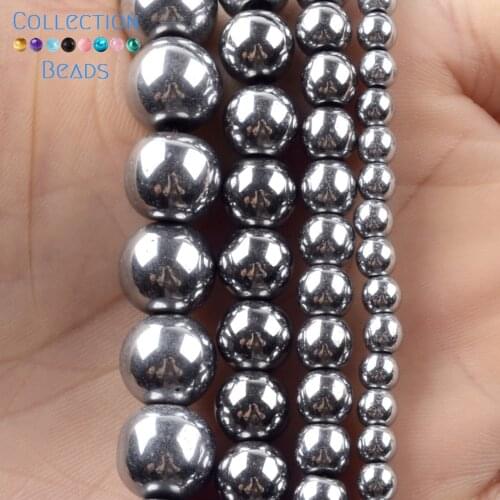 3/4/6/8/10mm Natural Stone Beads Silver Plated Hematite Stone Loose Round Beads For Jewelry Accessories Making Bracelet 15
