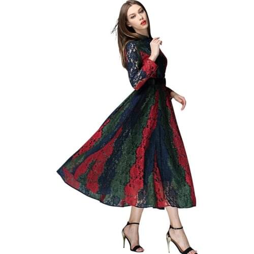 European and American fashion spring and autumn new self-cultivation high-end color lace in the long section of the dress