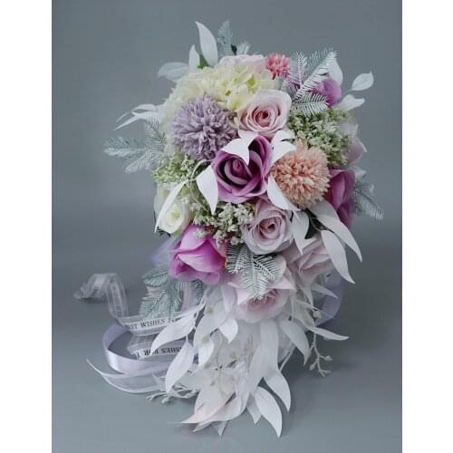 Artificial Water Drop Pearl Bridal Bouquet Flowers Pink Purple Rose Waterfall Macaron Wedding Bouquet De Mariee 2021