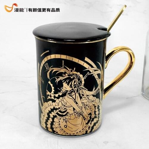 Anime DATE A LIVE Tokisaki Kurumi Nightmare Daily Ceramic Coffee Mug Cup Gold Stamping Men Women Spoon+Cup lid Cup Xmas Gifts