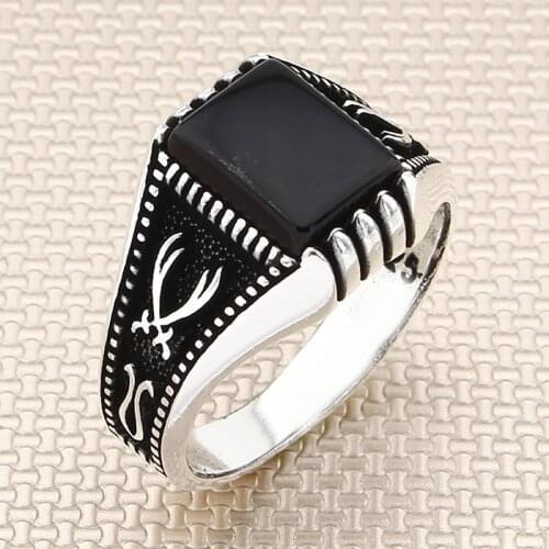 Square Black Onyx Stone Men Silver Ring With Sword Motif Made in Turkey Solid 925 Sterling Silver