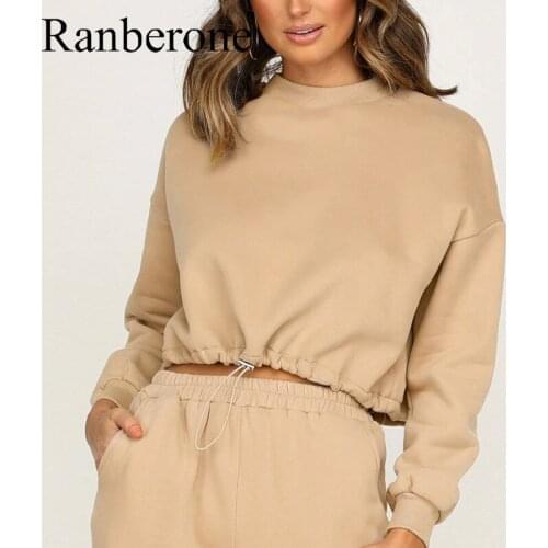 Ranberone Hot Sale Womens Tracksuit Solid Color Long Sleeved Loose Tops And Women Full Length Sweatpants Sportswear Female