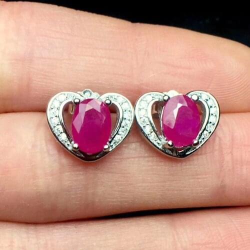 Love Heart Natural ruby stud earring Original real ruby 925 sterling silver 5*7mm*2pcs gemstone For men or women