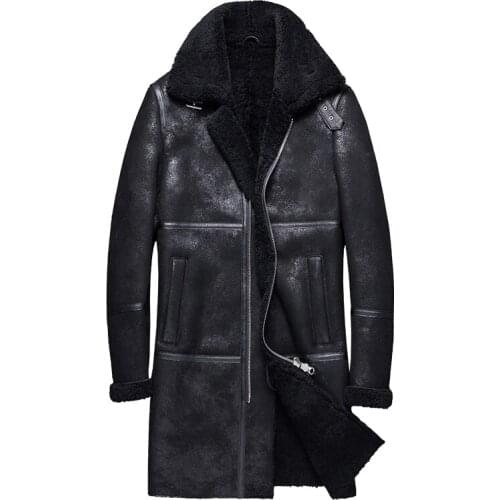 2020 mens WINTER fashion vintage retro sheepskin leather surface sheep fur wool lining long biker jacket overcoat