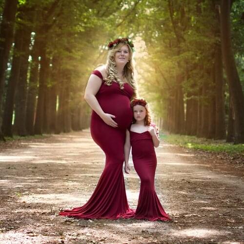 New Stretch Cotton Shoulder-Strap Round Sweep Bottom Maternity Photography Dress Matched Girls Daughter Dress Floor Length Dress