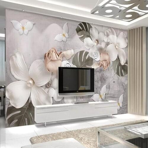 Embossed White Petaled Pearl Flower Custom Murals Wallpaper Modern Wall Cloth Living Room TV Home Decor 3D Fresco Wall Covering