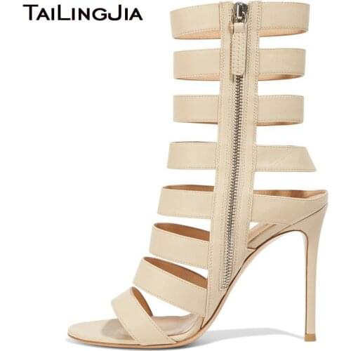 Women Open Toe Beige PU Leather High Heel Gladiator Sandal Boots Strappy Evening Dress Heels Ladies Stiletto Heel Summer Shoes