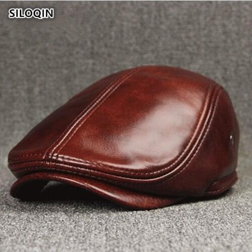 SILOQIN Genuine Leather Hat Winter Keep Warm Earmuffs Berets Mens New Style Trend Breathable First Layer Cowhide Tongue Cap