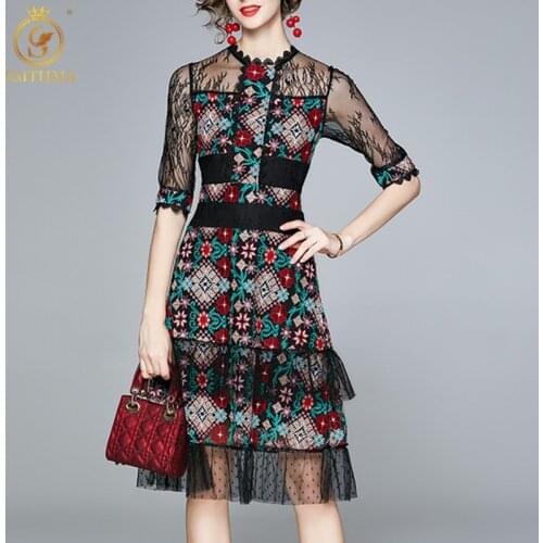 SMTHMA 2021 New Fashion Summer Slim Knee-Length Dress Womens O-Neck Half Sleeve Elegant Embroidery Flowers Party Dress Vestidos