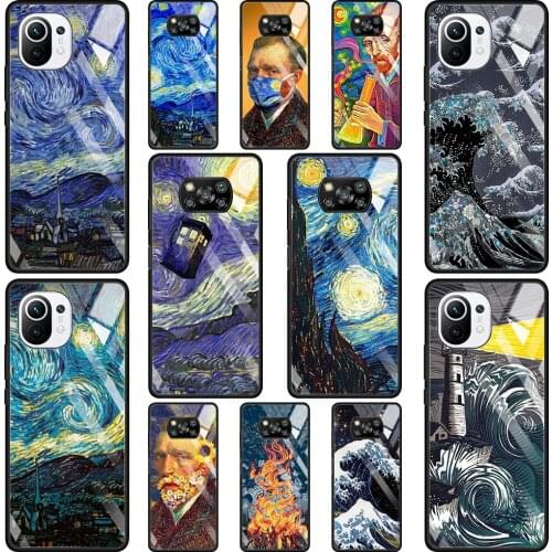 Phone Glass Case For Mi Poco X3 NFC 10T 9T Note 10 11 Pro Lite Ultra 11i F3 Transparent Fitted Fundas Van Gogh Aesthetic Art