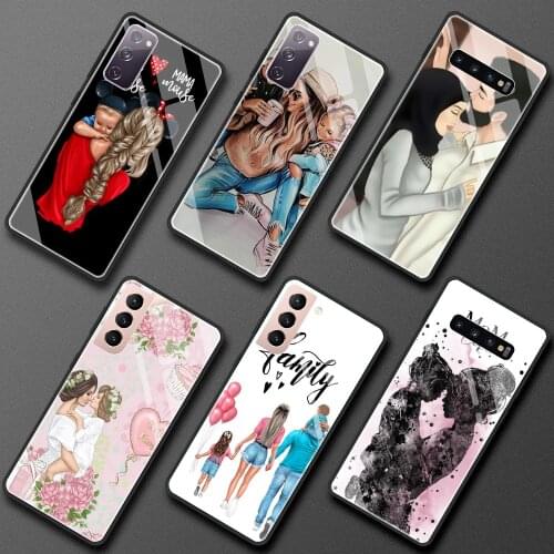 Glass Case For Samsung Galaxy S20 FE S21 Ultra S10 S9 Plus Note 20 10 Lite 9 Tempered Fitted Phone Cover Baby Girl Mom Family
