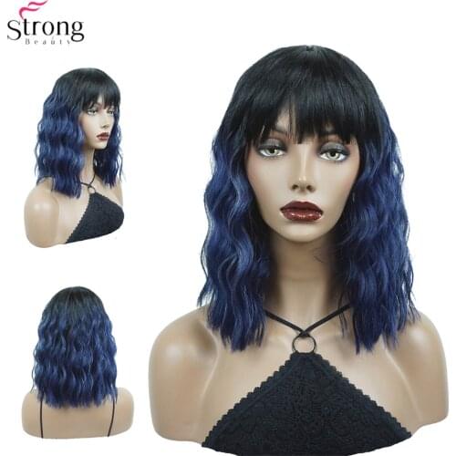 StrongBeauty Womens Medium length Curly Blue Wig Ombre Natura Neat Bang Style Synthetic Wigs Hair