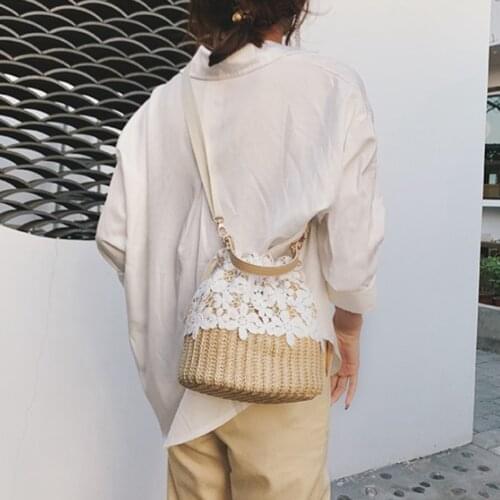 Women Straw Bag Summer Beach Crosbody Shoulder Bag Bucket Woven Tote Handbag