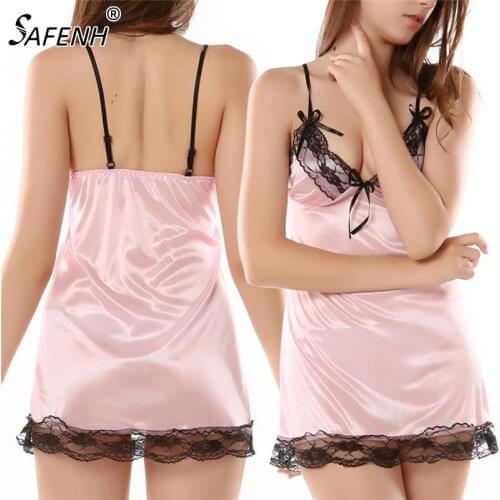 Ladies Silk Sleepwear Sexy Lingerie Pink Nightdress For Women Satin Sleep Shirts Chemise Night Dress