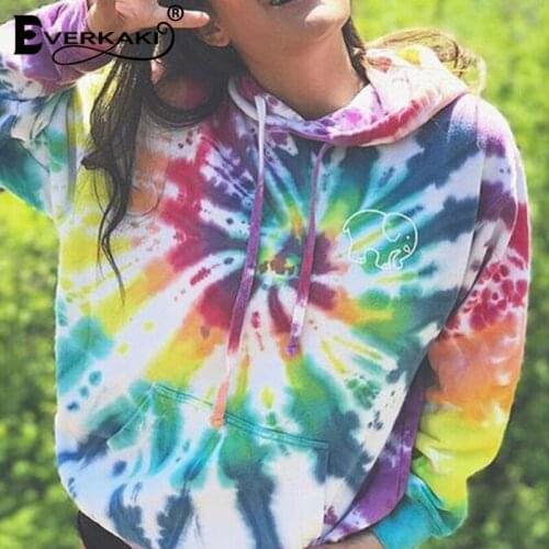 Everkaki Tie Dye Print Hoodies with Hat Women Autumn Elephant Pullovers with Pockets Oversized Y2K Boho Tops Hoodie Female 2021