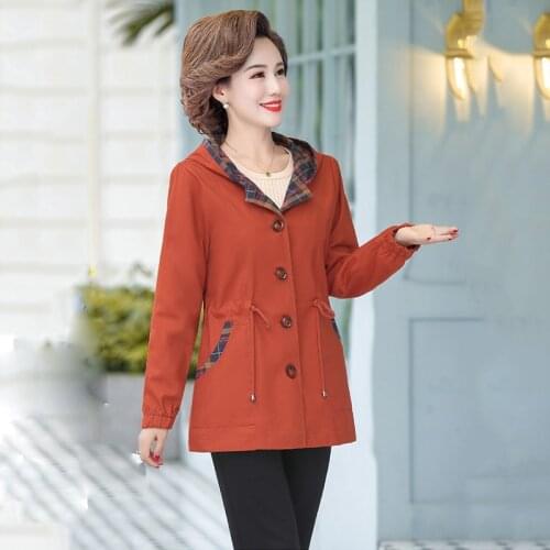 Womens Trench Coat New 2021 Spring Womens Outerwear Middle-Aged Elderly Mothers Hooded Coat Autumn Large Size Female Tops 5XL
