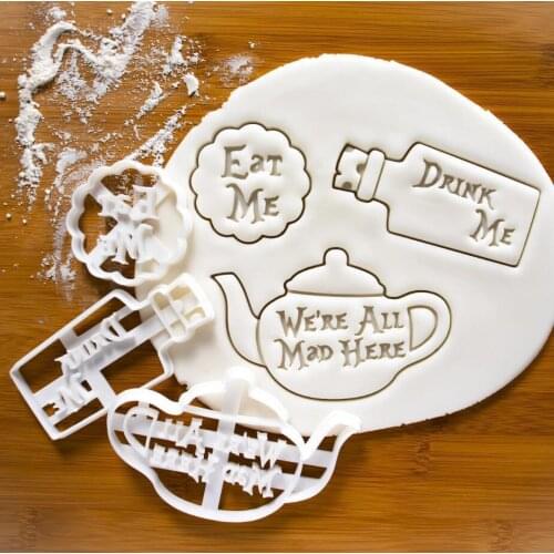3 Designs We Are All Mad Here Teapot Shape Biscuit Molds Eat Me Cake Cookie Form Moulds Cutter Baking Tools