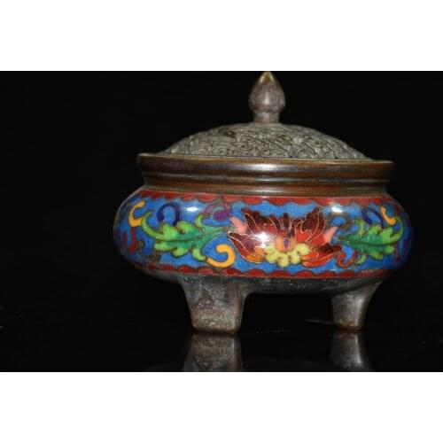 4"Chinese temple collection Old Bronze Cloisonne Enamel Lotus texture Three-legged incense burner Ornaments Town House Exorcism