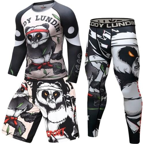 Bjj GI MMA Fitness 3D Panda Printing Fightwear Muay Thai Rashguard Compression KickBoxing Tight Trousers Pants Boxing Jersey Set