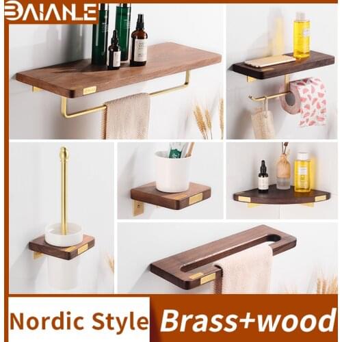 Bathroom Towel Holder Brass Wood Towel Rack Hanging Holder Wall Mounted Bathroom Shelf Organizer Toilet Paper Holder with Shelf