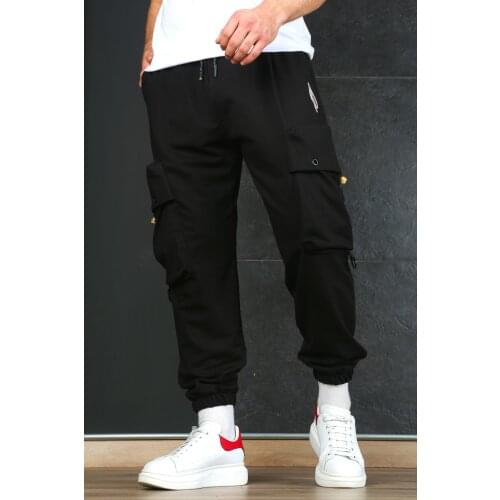 Denim Republic Mens Black Elasticated Cargo Pockets Sweatpants