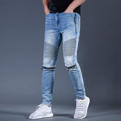 Summer Thin Slim Pencil Jeans Men Zipper Design Stretch Casual Trousers Biker Denim Pants Male