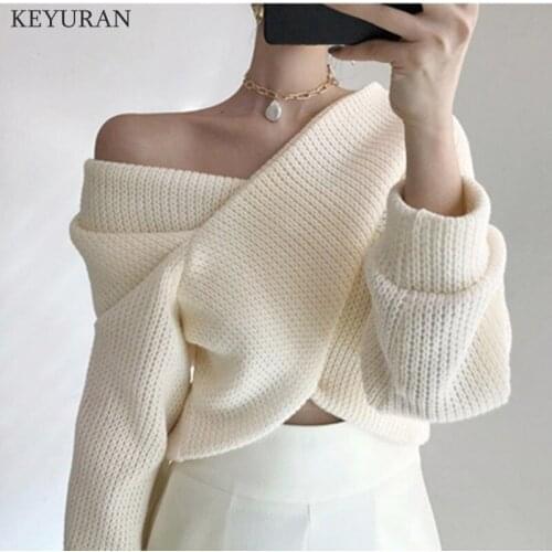 KEYURAN 2021 Winter Spring Women Pullover V-Neck Sexy Off Shoulder Sweater Knitted Stylish Casual Korean Lady Jumpers