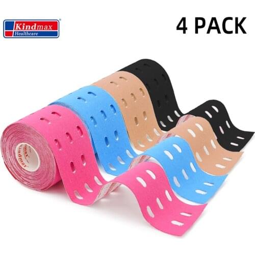 4PCS/Lot Kindmax Hole Kinesiology Tape 5cm 5m Cotton Elastic Kinesiology Therapeutic Athletic Tape for Muscles, 4 Pack