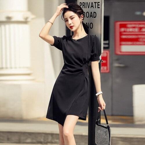 Summer Dress Elegant Vintage Oneck Women Dresses Office Bodycon Bandag Asymmetrical Sundress Party Sexy Folds Korean Clothes