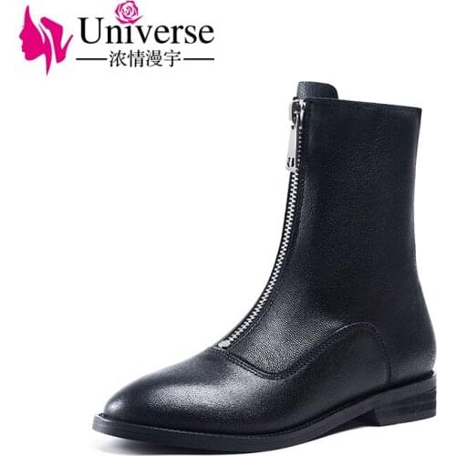 Fashion Sheepskin Mid-calf Boots Genuine Leather Zip Winter Universe Solid Black Wine-red 3cm Med Heel Winter Boots Women H361