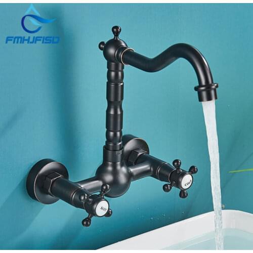 Wall Mounted Bathroom Basin Faucet ORB Mixer Tap Faucets Dual Handles 360 Swivel Hot Cold Water Mixer Tap Black Antique Brass