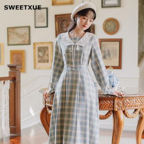 SWEETXUE Lady Cute Plaid Bowknot Long Sleeve Mid-length Art Retro Dress Spring Autumn New 2021 Women vestidos