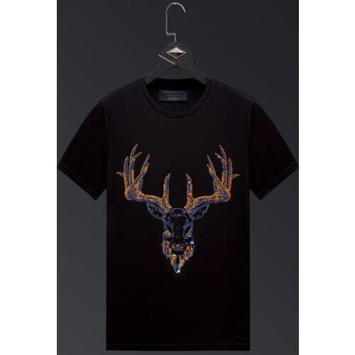 Plus Size 6XL 2021 Deer Head Rhinestones T Shirts Men Brand Short Sleeve Fashion Man Streetwear O Neck Slim Modal Cotton Tshirts