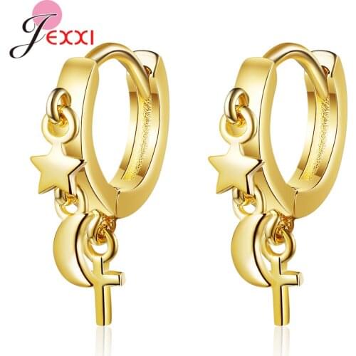 Fashion Simple Star Moon Cross Hoop Earrings Fine Jewelry New Trendy 925 Sterling Silver Earring Women Gifts Party Accessories