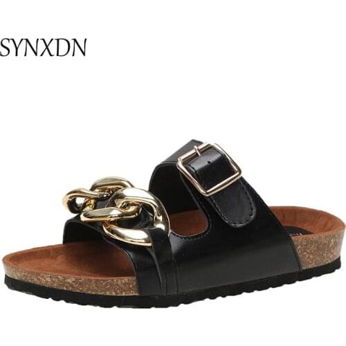 2021 New Summer Women Slippers Flat Shoes Gold Chain Shallow Ladies Sandals PU Casual Outside Girls Slides Female Footwear