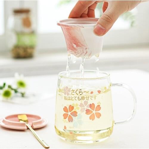 Japanese Style Cherry Blossom Heat Resistant Glass Water Cup Office Flower Teacup Creative Scale Coffee Mug with Lid and Spoon