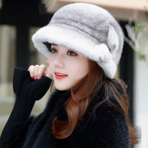 2020 Winter Womens 100% Fur Hat Mink Fur Hat Flower Pattern Sun Hat Luxury Fashion Women 's Fisherman Fur Hat