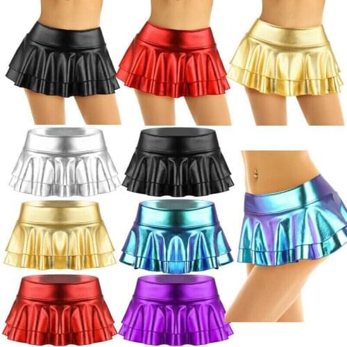 Women Wetlook Metallic Mini Skirt Skater Dance Party Short Skirt Panty Clubwear