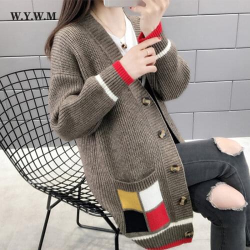 WYWM Geometry Splice Knitted Cardigan Sweater Women Autumn Winter Pocket Button Coat Ladies Casual Warm Soft Female Clothing