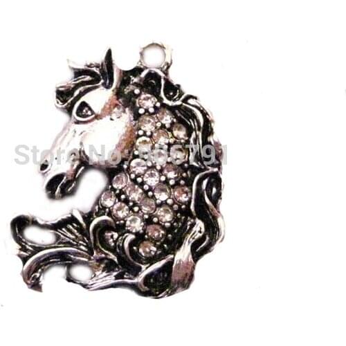 100pcs a lot antique silver plated zinc studded with sparkling crystal horse head pendant