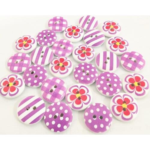 100pcs Sewing Button 15mm Lilac Dots Stripes Flowers Checks Mixed Wooden Buttons Embellishments For Scrapbooking Cardmaking