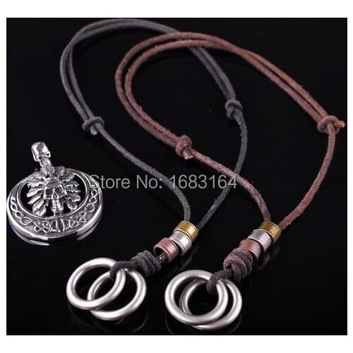 Lot 2pc N110 Brown & Black New Beach Leather Choker Necklace Circles Pendant Mens