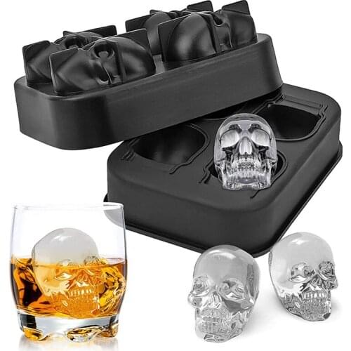 3D Skull Ice Mold Flexible Silicone 4 Giant Ice Cube Mold Tray Ice Cube Maker for Whiskey Cocktails Juice Kitchen Home Party
