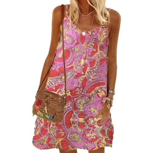80% Hot Sales!! Bohemian Women Dress O Neck Spaghetti Straps Printed Loose Mini Sling Dress for Summer