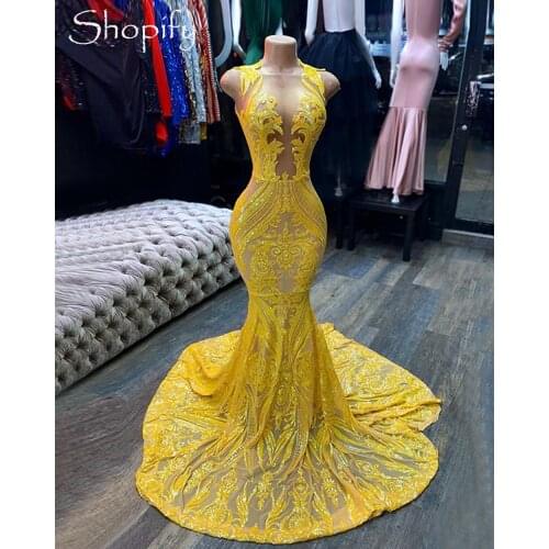 Long Yellow Prom Dresses 2021 Sexy Mermaid Sheer O-neck Sequined African Black Girls Prom Gala Gowns