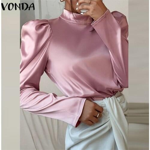 Elegant Satin Slik Blouse VONDA 2021 Office Long Sleeve Blouse Women High Neck Bohemian Beach Puff Sleeve Tops Blusas Femininas