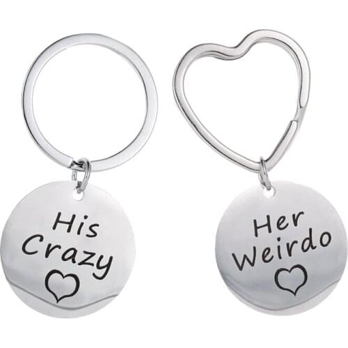 Stainless Steel His Crazy Her Weirdo Hollow Heart Round English Black Words Key Chains for Women & Men & Couples